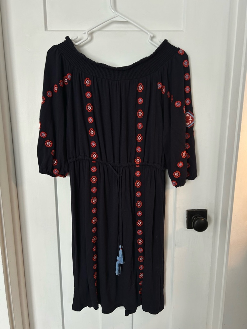 LOFT Black Off-Shoulder Midi Dress with Red Embroidery